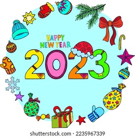 Happy New Year 2023, vector illustration. Congratulatory New Year banner, post. Large numbers 2023, New Year and winter decor