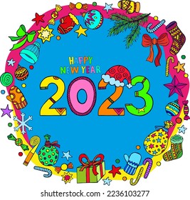 Alles Gute zum Neujahr 2023, Vektorgrafik. Gratulation Neujahr Banner, Beitrag. Große Zahlen 2023, Neu- und Wintereinrichtung
