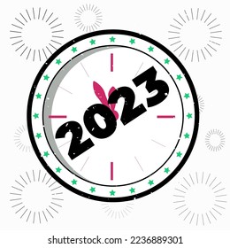 Happy New Year 2023 vector template. Retro design with clock for greeting card, holiday, calendar or print.