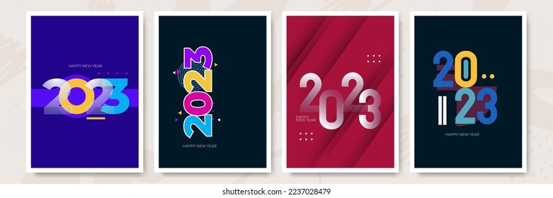 Feliz Año Nuevo 2023. Ilustración vectorial de vacaciones con el diseño de texto del logo escrito a mano 2023, confeti brillante y estrellas doradas brillantes sobre fondo blanco.