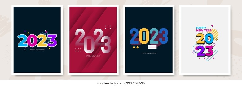 Happy New Year 2023. Vector holiday illustration with 2023 hand written logo text design, sparkling confetti and shining golden stars on white background.