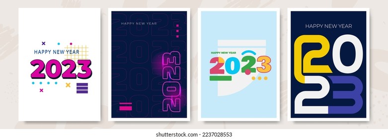 Frohes neues Jahr 2023. Vektorgrafik für Feiertage mit 2023 handgeschriebenem Logo-Text-Design, funkelnden Konfetti und leuchtenden goldenen Sternen auf weißem Hintergrund.