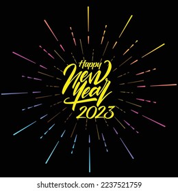 HAPPY NEW YEAR 2023 VECTOR ILLUSTRATION WITH COLORFUL FIREWORKS ON ISOLATED DARK BACKGROUND