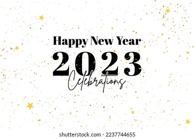 Happy New year 2023. Vector web banner, poster, greeting card gold logo 2023 on white background with golden glitter