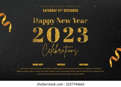 Feliz Año Nuevo 2023. Banner vectorial web, afiche, diseño de tarjeta de felicitación logotipo de oro 2023 con cintas en fondo oscuro con brillo dorado