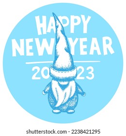 Happy New Year 2023. Vector hand drawing of a gnome with a cap covering his eyes, white and blue colors. Christmas elf