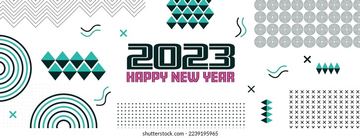 Feliz año nuevo 2023 Cartel de ilustración vectorial con coloridos diseños geométricos abstractos. Gráfico para celebrar la fiesta