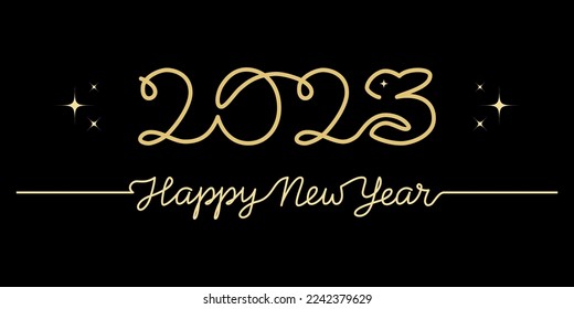Happy New Year 2023 vector design. Hand drawn calligraphy with  continuous line text and rabbit silhouette isolated on black background