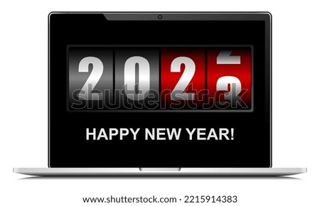 Happy new year 2023 vector illustration with counter on notebook screen Foto stock © 