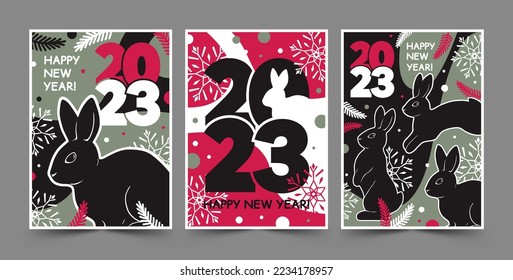 Happy New Year 2023 vertical greeting card set with rabbit. Modern vector illustration in trendy colors. Color of the year 2023.