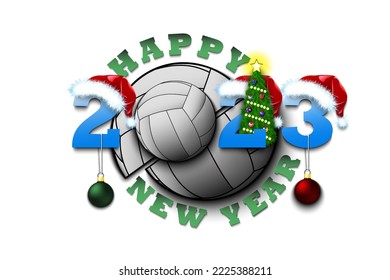 Happy new year. 2023 with volleyball ball. Numbers in Christmas hats with Christmas tree and balls. Original template design for greeting card. Vector illustration on isolated background