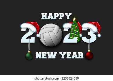 Happy new year. 2023 with volleyball ball. Numbers in Christmas hats with Christmas tree balls. Original template design for greeting card. Vector illustration on isolated background