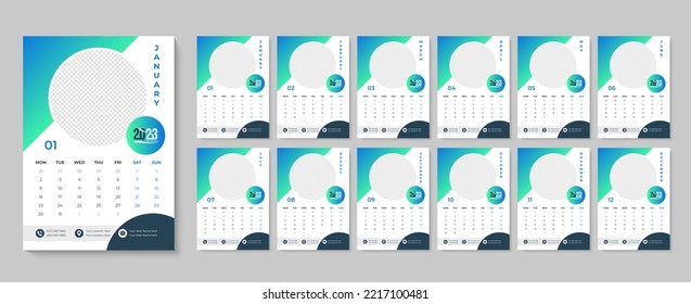 Happy new year 2023 wall calendar design, monthly and yearly event printable calendars template for business agency 