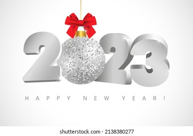 Un icono o botón de Feliz Año Nuevo 2023. Concepto de tarjeta de felicitación. Bg de nieve blanca. Árbol de navidad brillante brillante bola. Dígitos de estilo 3D. Resumen de plantilla de diseño gráfico aislado. Decoración creativa.