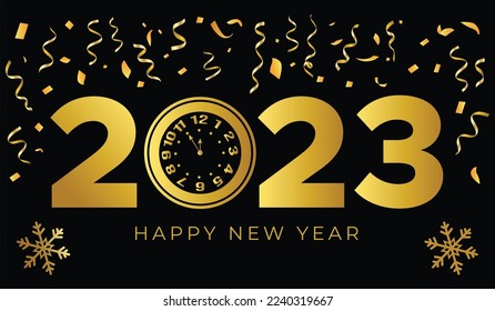 Happy new year 2023 Web banner ad design. New Year greeting card shiny design with golden numbers, Ribbons, Clock, snowflakes on black background. Vector