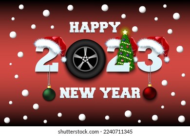 Happy new year. 2023 with wheel car. Numbers in Christmas hats with Christmas tree ball. Original template design for greeting card. Vector illustration on isolated background