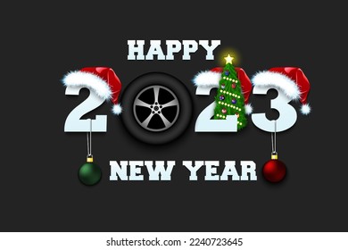 Happy new year. 2023 with wheel car. Numbers in Christmas hats with Christmas tree ball. Original template design for greeting card. Vector illustration on isolated background