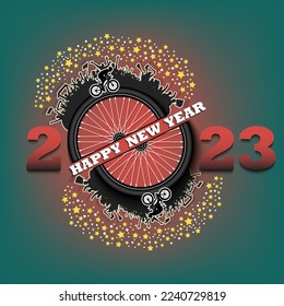 Happy new year 2023. Wheel bike with racing car and fans. Creative design pattern for greeting card, banner, poster, flyer, party invitation. Vector illustration
