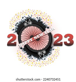 Happy new year 2023. Wheel bike with racing car and fans. Creative design pattern for greeting card, banner, poster, flyer, party invitation. Vector illustration