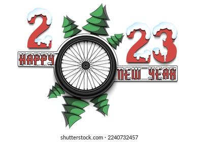 Happy new year. 2023 with wheel bike and Christmas trees. Snowy numbers and letters. Original template design for greeting card, banner, poster. Vector illustration on isolated background