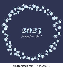 Happy New Year, Happy 2023 Year! White Sign On Dark Blue Background, Gradient Light Blue, Stars Border, Round Sign For Digital Product, Linkedin Banner, Facebook Cover, Instagram Post, Calm Simple 