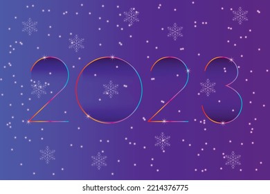 Happy new year 2023. White paper numbers with golden Christmas decoration and confetti on dark blue background. Holiday greeting card design.