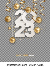 Happy new year 2023. White paper numbers with golden Christmas decoration and confetti, isolated on transparent background. Holiday greeting card design.