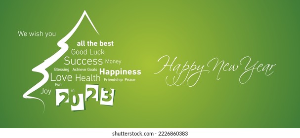 Happy New Year 2023 white negative space numbers abstract christmas tree word cloud lucky green background vector greeting card