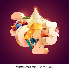 Happy New year 2023. White 3D numbering with Christmas tree and colorful decoration. Realistic holiday poster design.