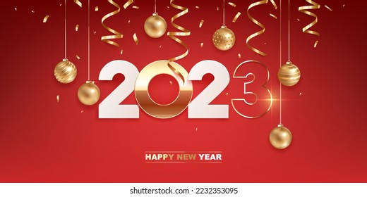 Happy new year 2023. White paper and golden numbers with Christmas decoration and confetti on red background. Holiday greeting card design.