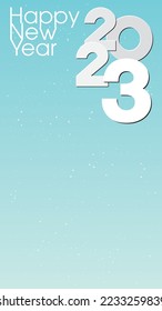 Happy New Year 2023 white calligraphy on cosmos and light blue sky background have blank space. Greeting card vertical template.