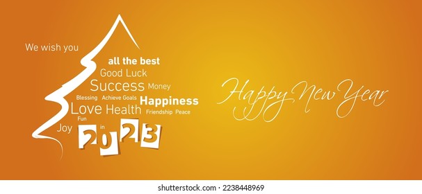 Happy New Year 2023 white negative space numbers abstract christmas tree word cloud orange yellow background vector greeting card