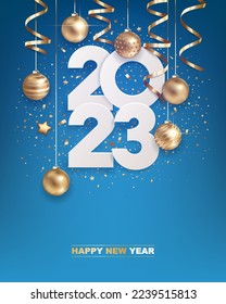 Happy new year 2023. White paper numbers with golden Christmas decoration and confetti on blue background. Holiday greeting card design.