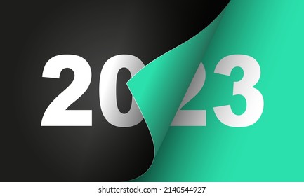 Happy New Year 2023 winter holiday greeting card design template. End of 2022 and beginning of 2023. The concept of the beginning of the New Year. The calendar page turns over and the new year begins.