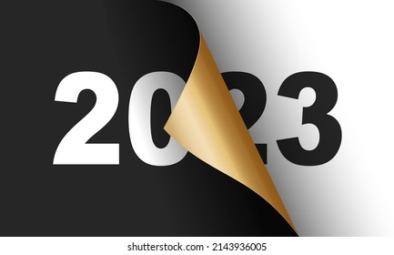 Happy New Year 2023 winter holiday greeting card design template. End of 2022 and beginning of 2023. The concept of the beginning of the New Year. The calendar page turns over and the new year begins.
