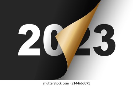 Happy New Year 2023 winter holiday greeting card design template. End of 2022 and beginning of 2023. The concept of the beginning of the New Year. The calendar page turns over and the new year begins.