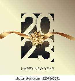 Happy New Year 2023 winter holiday greeting card design template. Party poster, banner or invitation gold glittering stars confetti glitter decoration. Vector background with golden gift bow