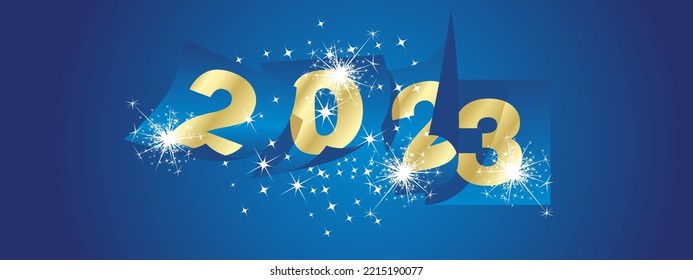 Happy New Year 2023 winter holiday greeting card design template on blue background. New Year 2023 start concept with sparkler firework. Calendar pages turn in the wind and the new year begins