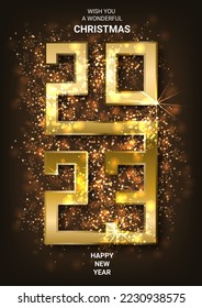 Happy New Year 2023 winter holiday greeting card design template. Party poster, banner or invitation gold glittering stars confetti glitter decoration. Vector background with golden gift bow.