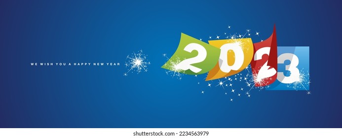 Happy New Year 2023 winter holiday colorful greeting card design template on blue background. New Year 2023 with calendar colorful sheets and sparkler firework