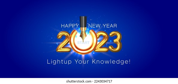 Happy New Year 2023. Wishing card poster banner design. Creative Concept of Education institute, wisdom, media and publication center.