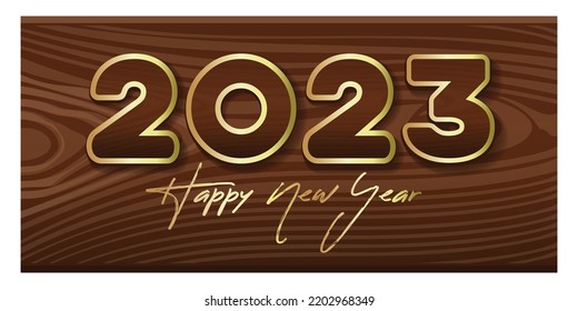 Frohes neues Jahr 2023. Ein hölzernes Schild mit Inschrift. 2023 goldene Inschrift auf einem Holzpflaster. Vektorgrafik