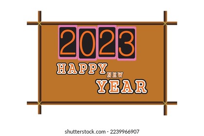 Happy new year 2023 wooden vector illustration. wooden board. calligraphy. say bye 2022.classic design 