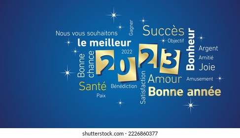 Happy New Year 2023 word cloud on French language golden white blue background and numbers negative space