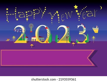 Happy New Year 2023. Yellow text is as stars in the sky. Number is as white houses with yellow lighting, red doors, roofs and green trees. Night sea and beach background. Big banner for custom text. 