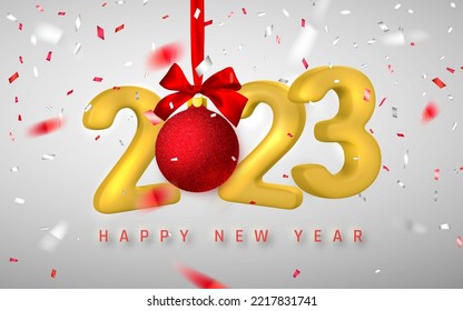 Happy New Year 2023. Yellow numbers 2023 design of greeting card with falling shiny confetti, xmas ball and red bow. Vector illustration.