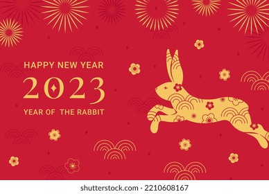 Happy New Year 2023, zodiac sign Rabbit on a red background. Traditional asian elements gold paper cut style: flowers, clouds, ornaments. Year of the Rabbit.