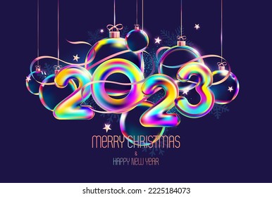 Happy New Year 2023.Colorful numerical design with iridescent Christmas decoration. Greeting card design.