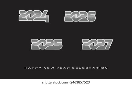 Happy new year 2024 to 2027 number design. With luxurious shiny silver metallic numbers. Design to celebrate new year 2024 to 2027.