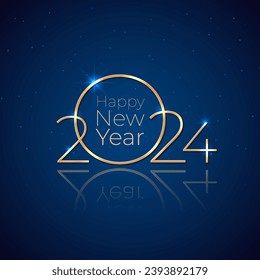 Happy New Year 2024, 24. Holiday greeting card. Shiny golden 2024 on dark blue background. New Year design invitation, calendar, greeting card. Gold logo. Party event decoration. Vector illustration